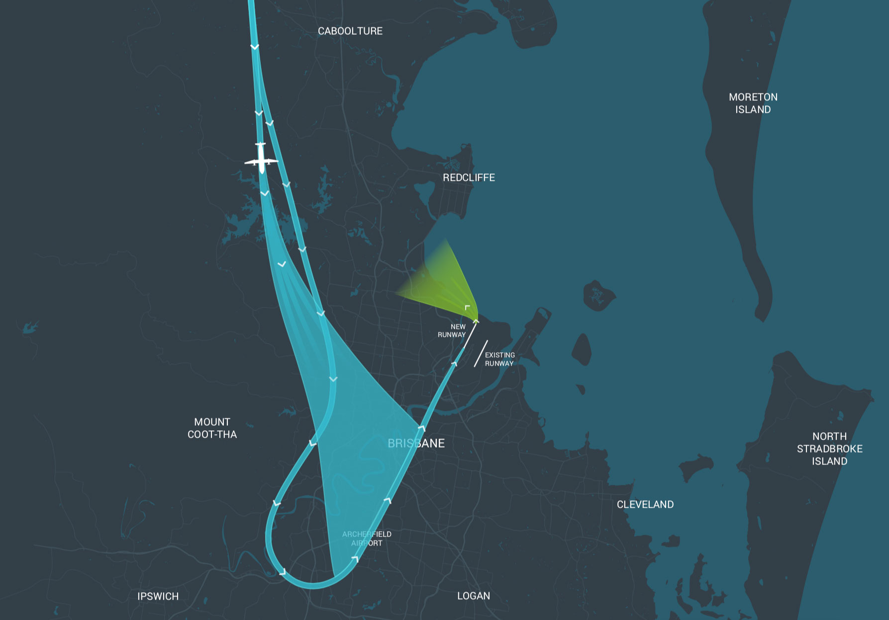 Map showing the flightpath across Brisbane which comes across Archerfiled Airport